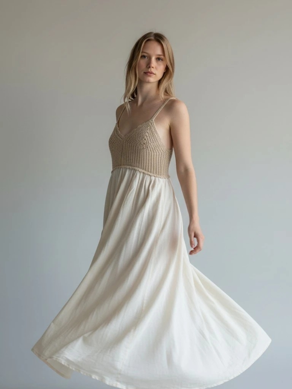ZARA Cream Maxi Dress with Beige Crochet Bodice